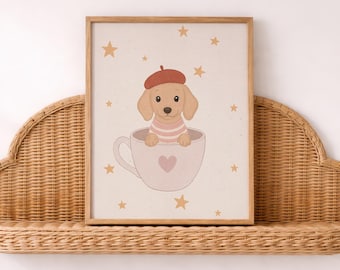 Beige Dachshund Nursery Wall Art Printable, Puppy in Teacup Print, Doxie Baby Room Decor, French Dog poster, Hand Drawn Digital Download