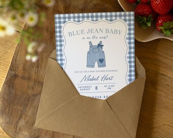 Blue Jean Baby Shower Invitation, Denim Editable Template, Blue Gingham Boy Baby Shower Evite, Overalls Printable Canva Download