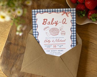 Baby-Q Baby Shower Invitation Template, BBQ Grill Shower Invite, Editable Canva, Blue neutral Gingham Picnic Barbeque Invite printable