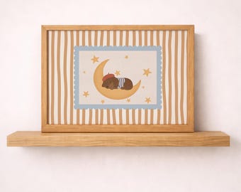 Sleeping Dachshund Moon Wall Art Print, Cute Puppy Nursery Decor Poster, French Dog hand drawn  Illustration, Neutral Baby Room Decor