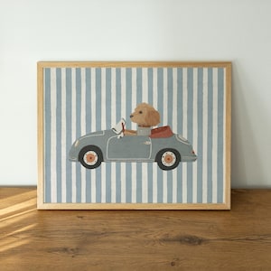 Cavapoo dog wall art printable, puppy driving car poster, retro kids room decor, boys nursery transport print download