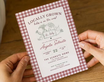 Farmers Market Baby Shower Invitation, Locally Grown Veggie Editable Template, Vintage Rustic Gingham Invite, Printable Canva Evite