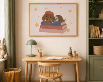 Dachshund Book Lover Print, Reading Nook Wall Art, French Puppy Nursery Decor, Sausage Dog Printable, Whimsical Animal Illustration