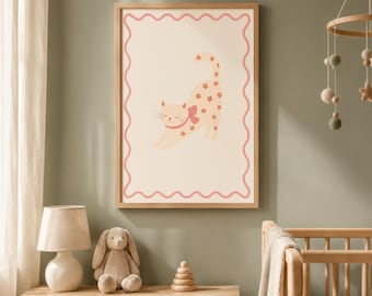 Pink Cat Printable Wall Art | Cute Floral Kitten Poster Digital Download | Boho Girl toddler Nursery Decor | iPad Illustration