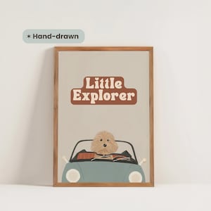 Little Explorer Cavapoo Art Print, Puppy Driving Car Illustration, Kids Nursery Wall Art, Adventure cream dog Poster, Cute Pet Lover Gift