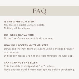May include: A digital FAQ information sheet with a beige header and dark text. It clarifies that this is a digital Canva template, requires a free Canva account, explains how to download the PDF from Etsy, and states the size is 5 x 7 inches.