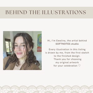 May include: A digital graphic featuring the text BEHIND THE ILLUSTRATIONS at the top. It includes a square photograph of a person with wavy brown hair and a brown top, alongside text introducing Ewelina from SOFTNOTES studio and her process.