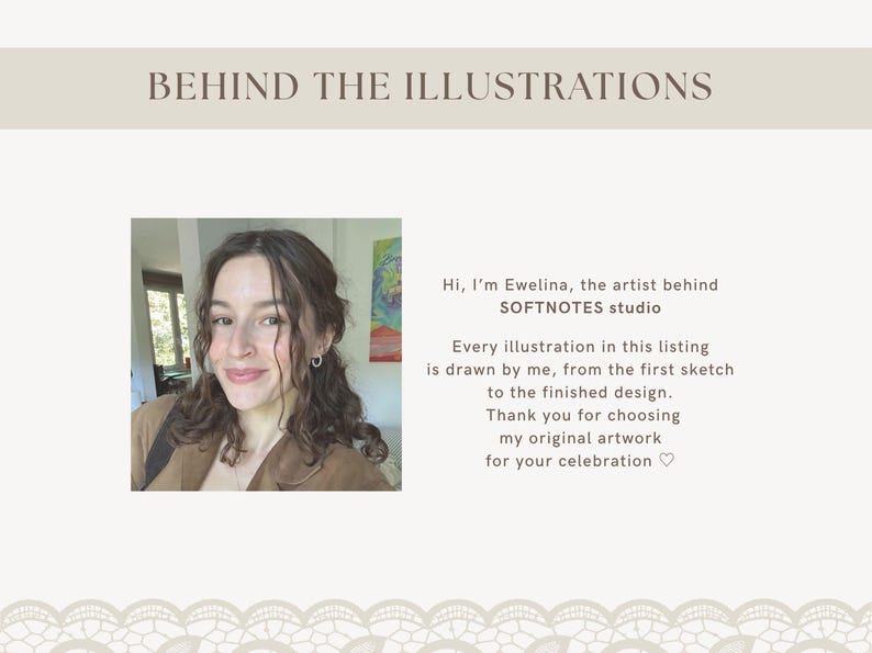 May include: A digital graphic featuring the text BEHIND THE ILLUSTRATIONS at the top. It includes a square photograph of a person with wavy brown hair and a brown top, alongside text introducing Ewelina from SOFTNOTES studio and her process.