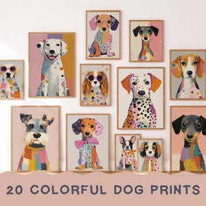 Puede incluir: Una colección de 20 impresiones enmarcadas de perros. La obra presenta ilustraciones coloridas y caprichosas de diferentes razas de perros, cada una con patrones y accesorios únicos. El texto "20 COLORFUL DOG PRINTS" está en la parte inferior.