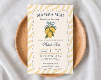 Mamma Mia Baby Shower Invitation, Italian Lemon Editable Template, Ciao Baby Amalfi Coast Evite, Blue Bow Printable Canva Download