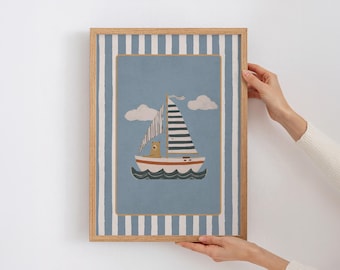 Sailboat nursery wall art printable, Vintage bear Blue Baby Boy Room Decor, nautical animal print, ocean theme poster | digital download