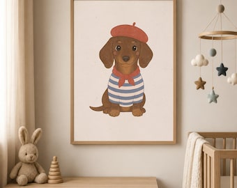 Dachshund Nursery Decor, French Dachshund Print, Breton Stripe Puppy Wall Art, Boho Boy Nursery Art, Hand Drawn Printable Digital Download