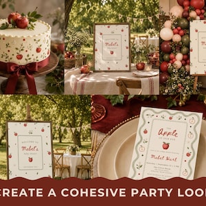 May include: A collection of party decor featuring a white cake with red apple illustrations and a dark red ribbon, and printed signage and invitations with the text "Welcome to Mabel's baby shower" and "The Apple of our eye" in red font.