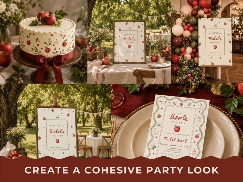 May include: A collection of party decor featuring a white cake with red apple illustrations and a dark red ribbon, and printed signage and invitations with the text "Welcome to Mabel's baby shower" and "The Apple of our eye" in red font.