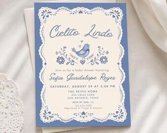Cielito Lindo Babyparty-Einladung Junge, bearbeitbare mexikanische Talavera-Vorlage, Dusty Blue Papel Picado Bird Evite, druckbarer Canva-Download