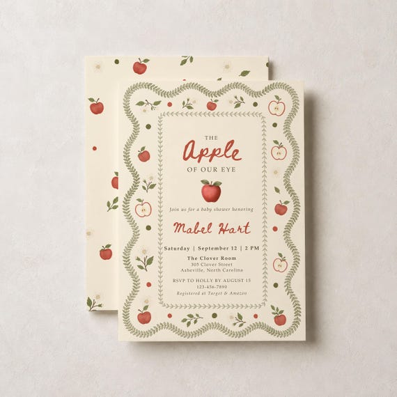 Apple of Our Eye Baby Shower Invitation, Editable Canva Template, Vintage Apple Baby Sprinkle Invite, Gender Neutral Fall Instant Download