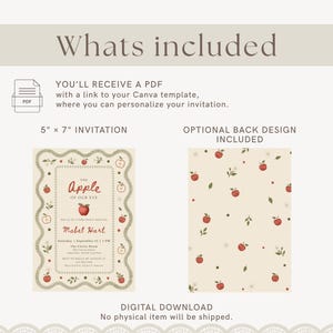 May include: A digital invitation template set featuring a 5 inch by 7 inch card with a red apple motif and the text The Apple of Our Eye, Mabel Hart, and event details. Includes an optional back design with a repeating apple and leaf pattern.