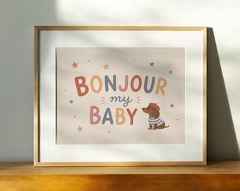 Bonjour My Baby Dachshund Print, French retro puppy Nursery Art,  Whimsical Sausage Dog Poster, Cute Baby 90's Room printable illustration