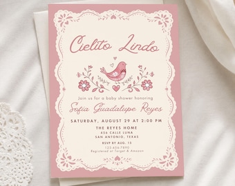 Einladung zur Babyparty „Cielito Lindo“ für Mädchen, mexikanische Fiesta-Einladung in Altrosa, druckbare Canva-Vorlage, bearbeitbarer digitaler Download