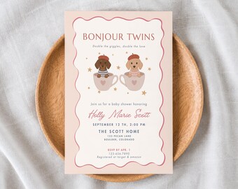 Twin Baby Shower Invitation, Baby Sprinkle Bonjour Twins Template, Boy Girl French Dachshund Evite, Editable Printable Canva
