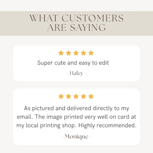 May include: A customer review graphic with the heading WHAT CUSTOMERS ARE SAYING. It displays two five-star ratings in orange. The first review by Haley says Super cute and easy to edit. The second review by Monique says As pictured and delivered directly to my email. The image printed very well on card at my local printing shop. Highly recommended.