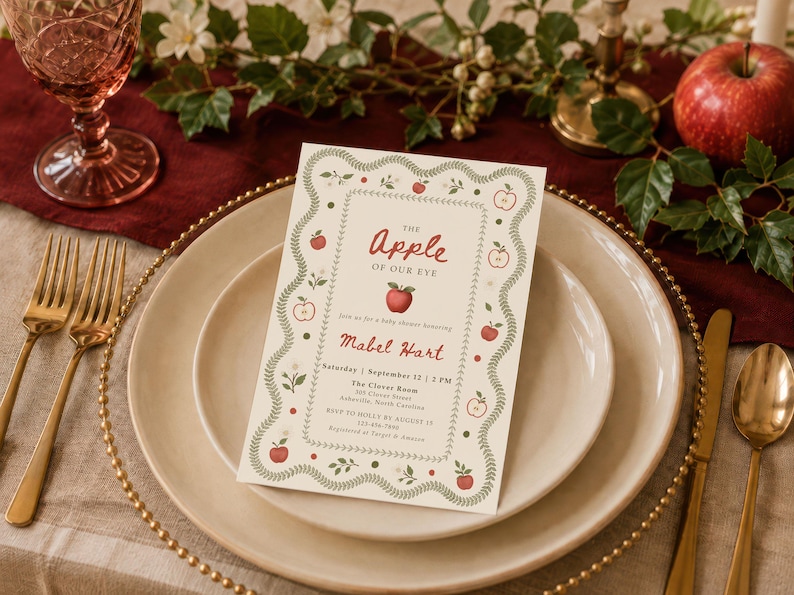 May include: A rectangular baby shower invitation card with a cream background, featuring a green leafy border and red apple illustrations. The text reads: The Apple of our eye, join us for a baby shower honoring Mabel Hart, Saturday, September 12, 2 PM.