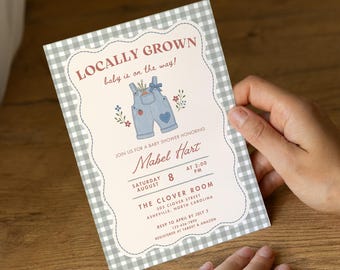 Locally Grown Baby Shower Invitation, Denim Overalls Farmers Market Invite, Printable Sage Green Canva Template, Editable Digital Download