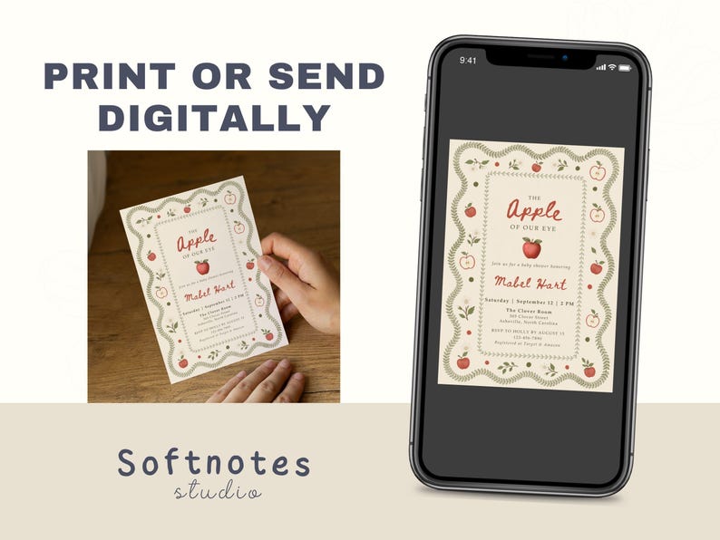 May include: A rectangular baby shower invitation card featuring a cream background, a decorative green scalloped border, and red apple illustrations. The text reads The Apple of Our Eye, Mabel Hart, and event details. A smartphone displays the same design.