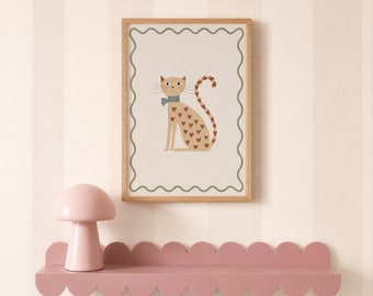Cat Nursery Wall Art, Whimsical Hand Drawn Kitty Print, Sage Green Kids Room Decor, Cottagecore Animal Poster, Digital Download