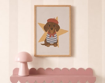 French chocolate Dachshund Print, Sausage Dog Wall Art, Cute pastel Beret Puppy Poster, Parisian Nursery Decor, Hand Drawn digital  Print
