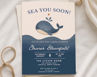 Invito per baby shower "Ci vediamo presto", modello modificabile a tema balene, oceano nautico, invito per bambino a tema sotto il mare, download stampabile da Canva.