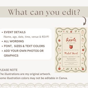 May include: An editable digital invitation template featuring a cream background with a decorative border of green vines and red apples. The text reads The Apple of Our Eye, Mabel Hart, and event details. A list explains that event details, wording, fonts, and colors are editable.