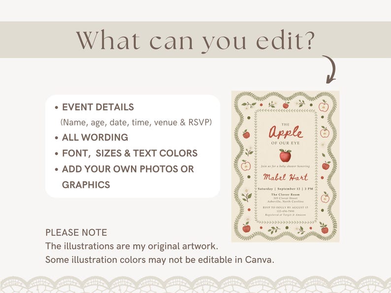 May include: An editable digital invitation template featuring a cream background with a decorative border of green vines and red apples. The text reads The Apple of Our Eye, Mabel Hart, and event details. A list explains that event details, wording, fonts, and colors are editable.