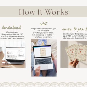 May include: An instructional graphic titled How It Works detailing three steps: download, edit, and save & print. It features images of a laptop displaying a Canva template and two printed cards with apple illustrations, plus a circular badge stating edit in Canva with free account.