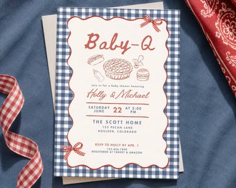 Invito per baby shower Baby Q, modello modificabile per barbecue, invito per picnic neutro a quadretti blu, download stampabile da Canva