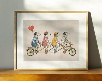 Dalmatian Family Bike Print, Cute Dog Nursery Wall Art, Whimsical Animal Poster, Vintage Storybook Room Decor, Bicycle Dogs Kids tandem