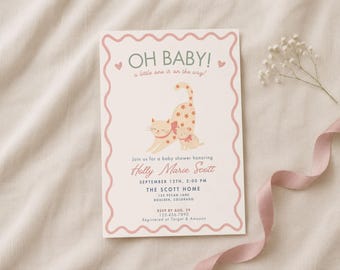 Invito per baby shower originale e stravagante, modello modificabile con gatto rosa e verde salvia, invito "Oh Baby" disegnato a mano, download digitale stampabile 5x7.