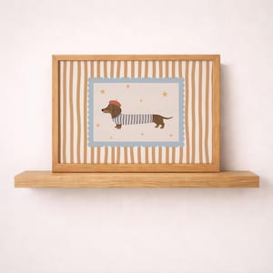 Impressão digital de um Dachshund francês com listras azuis para decoração de parede.