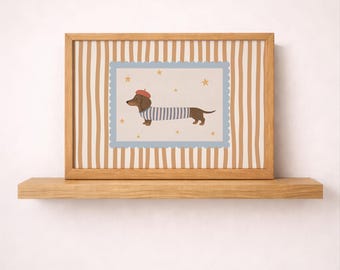 French Dachshund Digital Print Blue Striped Sausage Dog Wall Art