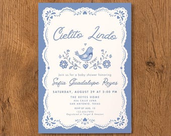 Cielito Lindo Baby Shower Invitation Boy, Mexican Talavera Editable Template, Dusty Blue Papel Picado Bird Evite, Printable Canva Download