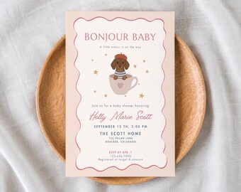 Dachshund Baby Shower Invitation, Bonjour Baby French Editable Template, Parisian Puppy Baby Shower Evite, Gender Neutral Printable Canva