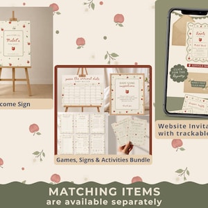 May include: A baby shower stationery set featuring an apple theme with cream backgrounds and red apple illustrations. Includes a welcome sign on an easel, a calendar for arrival dates, baby name suggestion cards, activity sheets, and a digital invitation.