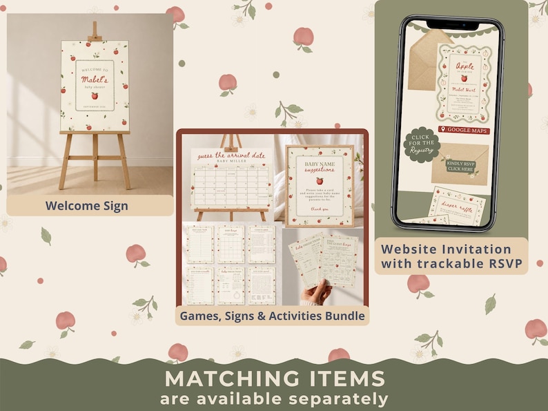 May include: A baby shower stationery set featuring an apple theme with cream backgrounds and red apple illustrations. Includes a welcome sign on an easel, a calendar for arrival dates, baby name suggestion cards, activity sheets, and a digital invitation.