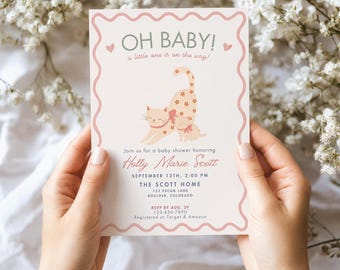 Groovy Baby Shower Invitation, Sage Green Pink Cat Editable Template, Hand Drawn Whimsical Oh Baby Evite, Gender Neutral Printable Canva