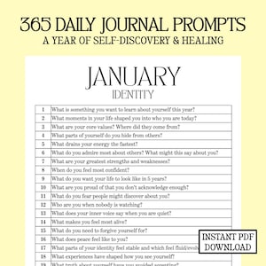 May include: A printable PDF journal page with prompts for self-discovery and healing. The page is titled "365 Daily Journal Prompts" and features questions about identity, with the month of January highlighted. Includes a "Download" button.