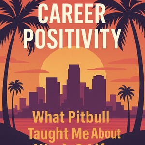 May include: An illustrated book cover with a sunset scene featuring palm trees, a city skyline, and the text "31 Days of Career Positivity." Below, it reads "What Pitbull Taught Me About Work & Life."