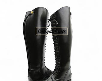 Men’s Black Leather Riding Footwear | Tall Lace-Up Equestrian English Style Boots | Handmade Horseback Gear