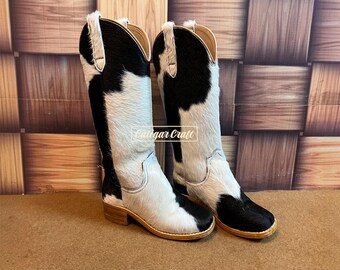 Botas vaqueras para mujer, botas vaqueras de piel de vaca con pelo, calzado de rancho de cuero hecho a mano, botas altas hasta la rodilla estilo campestre.