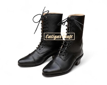 May include: A pair of black leather lace-up boots with a pointed toe and small heel. The boots have a classic design with multiple eyelets for the laces. The text "Caligar Craft" is visible on the side of the boots.