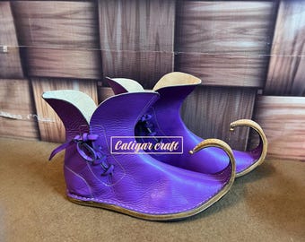Purple Medieval Poulaines Boots | Curved Toe Renaissance Elf Shoes | Handmade Gothic LARP Footwear | Fantasy Jester Cosplay Shoes